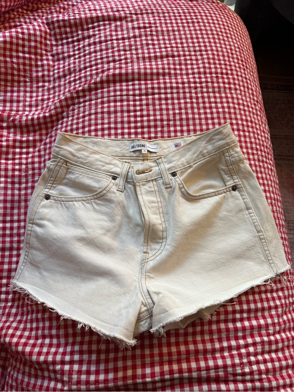 Re/Done Cream High-Waist Denim Cutoffs